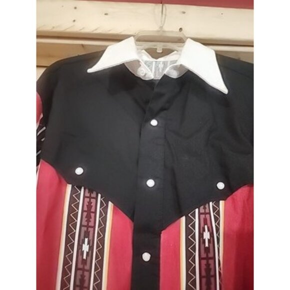 VTG Steer West Western Pearl Snap Down Long Sleeve Shirt Size L Red Black Navajo - Picture 2 of 15
